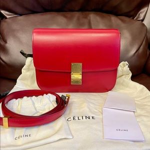 Like New Celine Classic Box Triomphe Medium Calfskin leather Shinny red flap bag